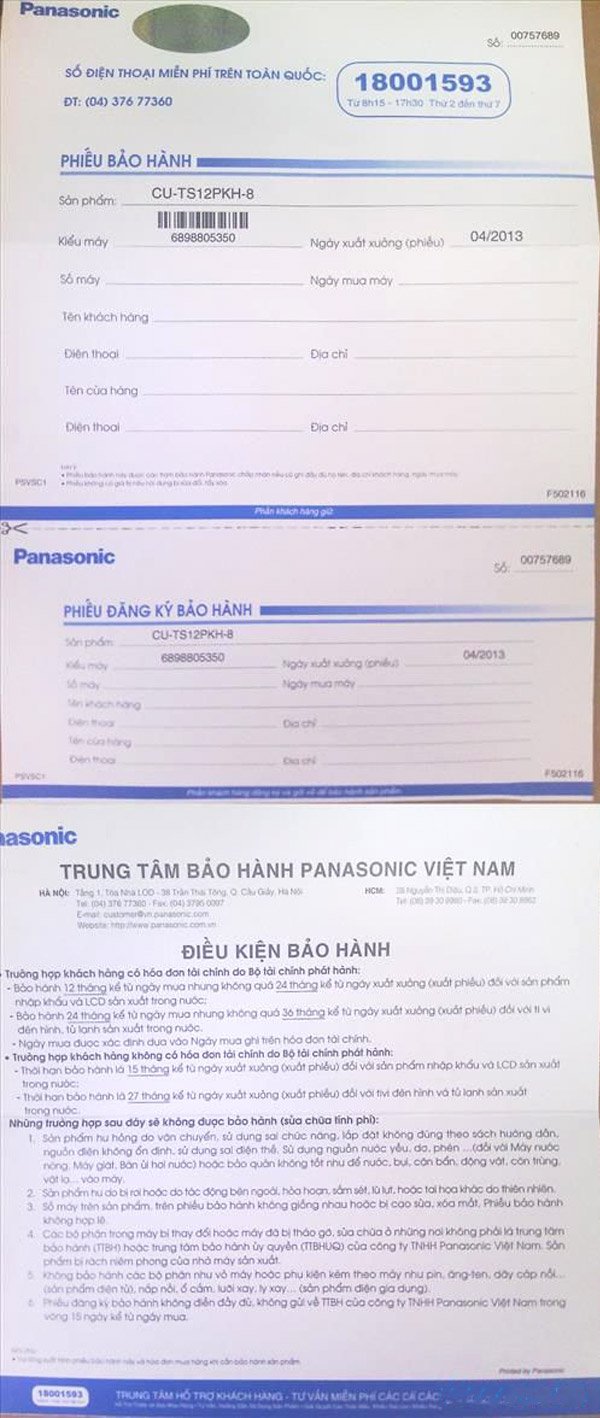 Phiếu bảo hành chính hãng của điều hòa Panasonic